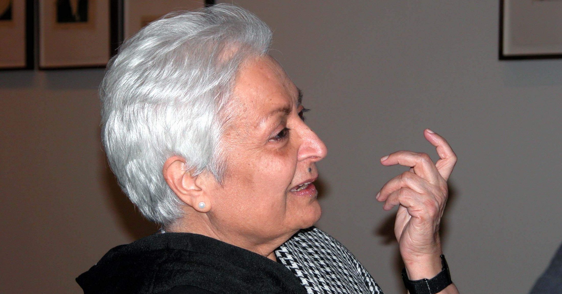 A side profile photograph of artist Zarina Hashmi