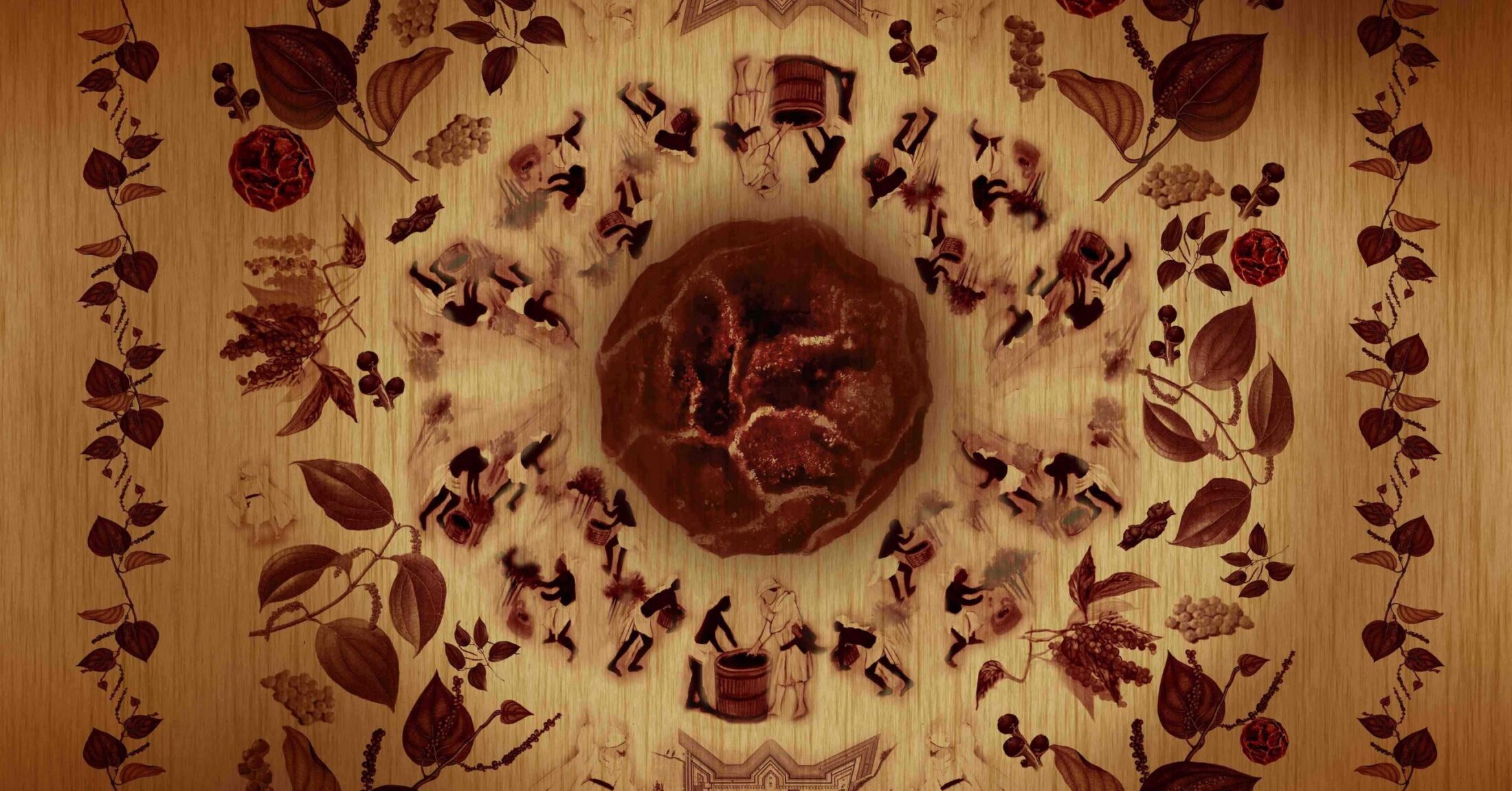 Glow's silk-screening print depicting a circular motif of images related to the Spice Wars surrounding a red misshapen sphere in the center