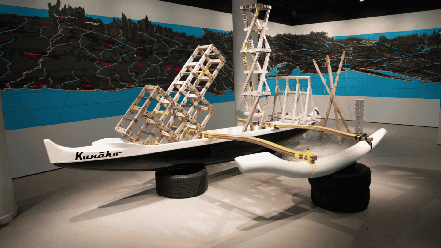 A photograph of Sean Connelly's exhibition, "Hawai'i is not the United States, but it is your Future."