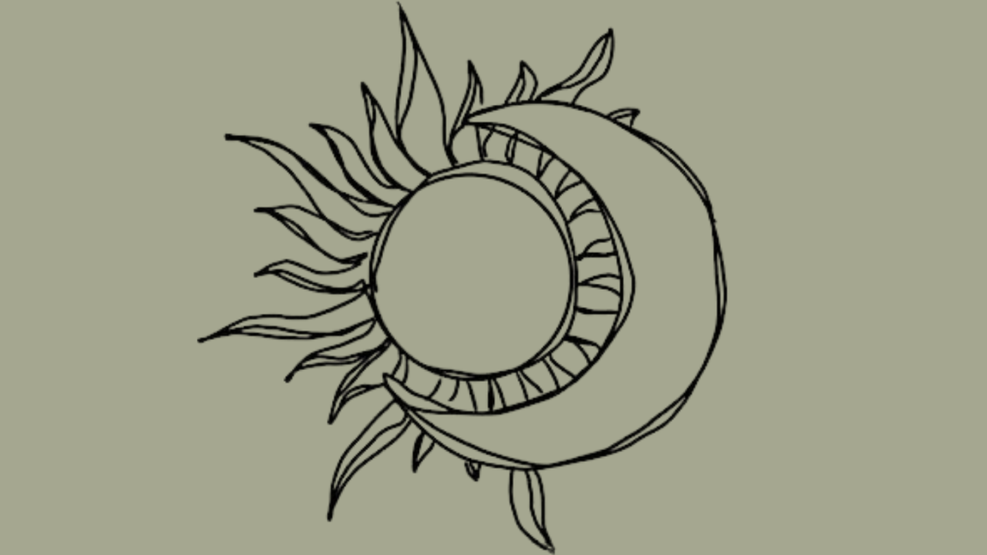 A black drawing of an intersecting sun and moon against a light olive green background.