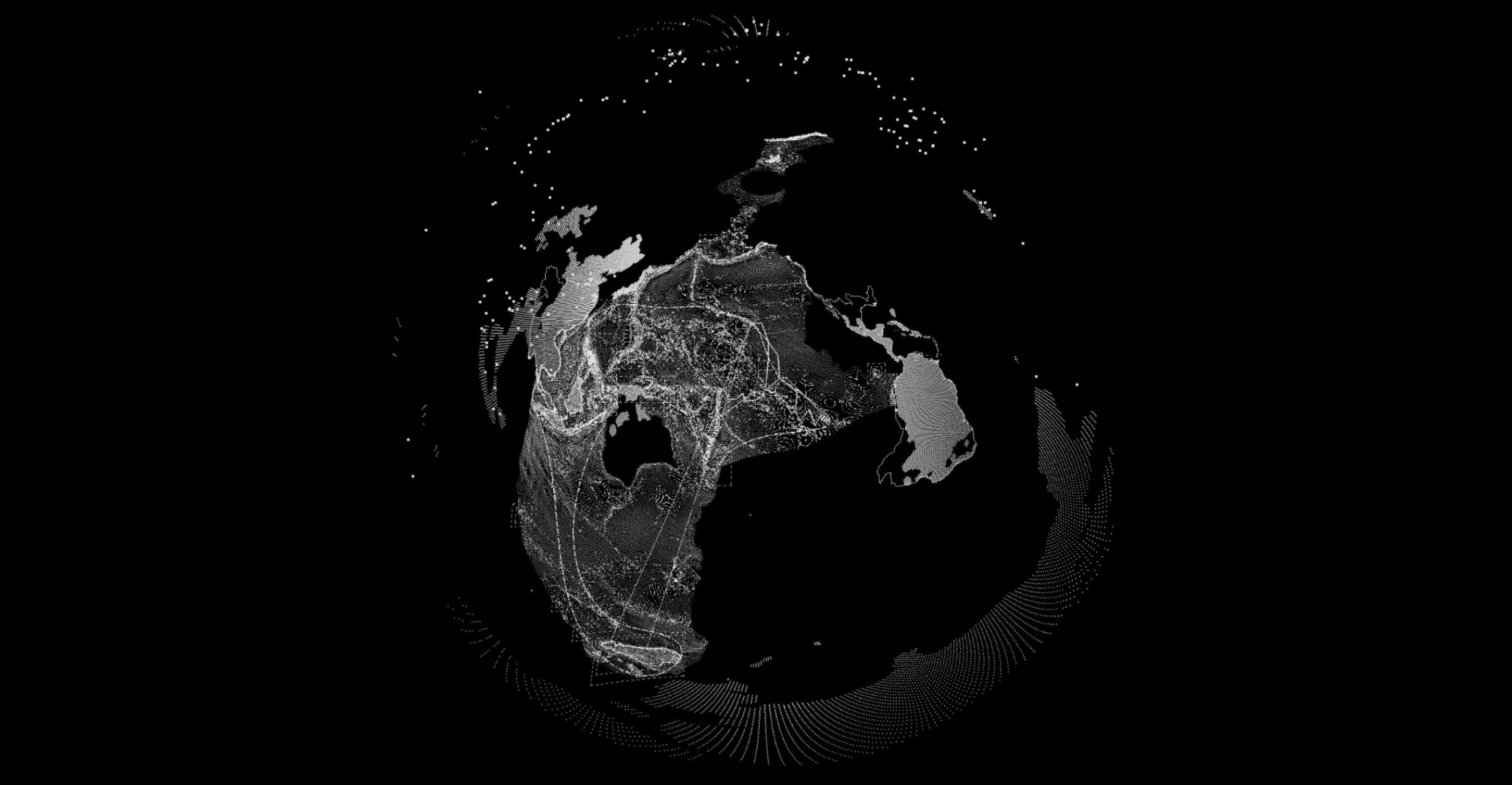 A black and white still from Sean Connelly’s video work Spheric Oceania (2024), on view at The Met’s Arts of Oceania Gallery. It features a 3D rendering of the Earth. Courtesy of Sean Connelly.