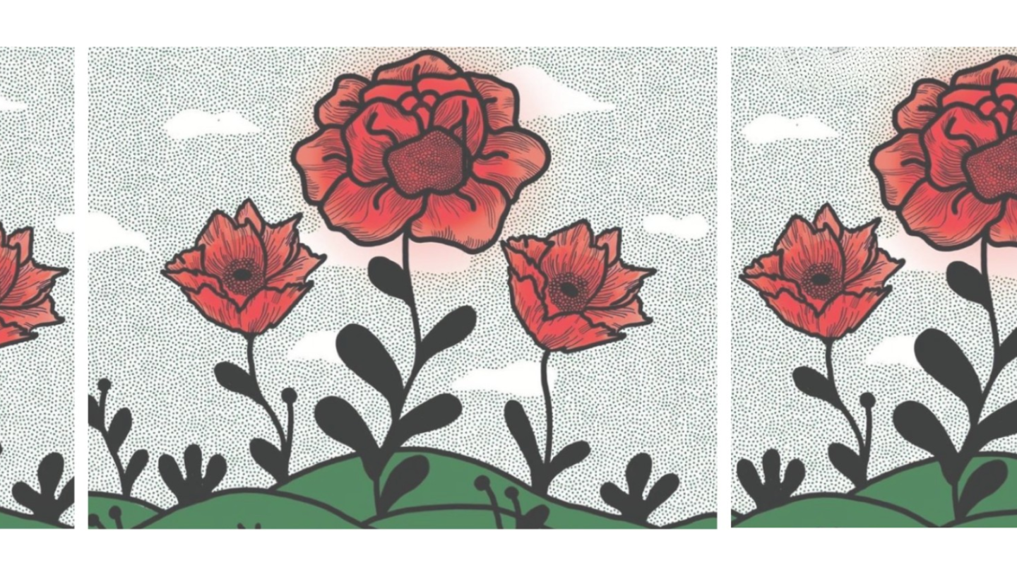 A illustration of red poppies growing and blooming from a green landscape.