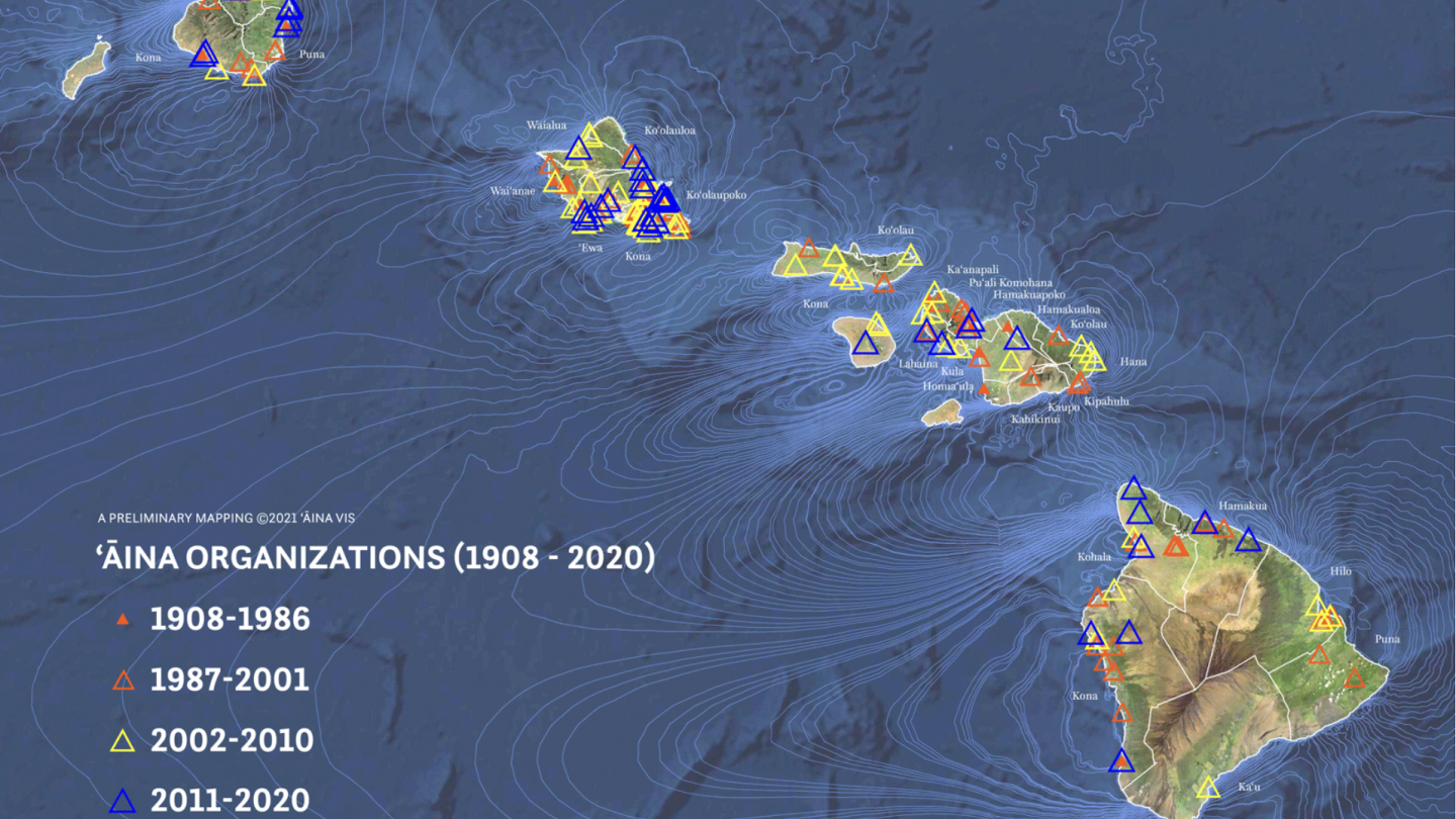 A screenshot from the project ‘ĀINAVIS. It features a map of the Hawaiian Islands and highlights the locations of 'aina organizations from 1908-2020.