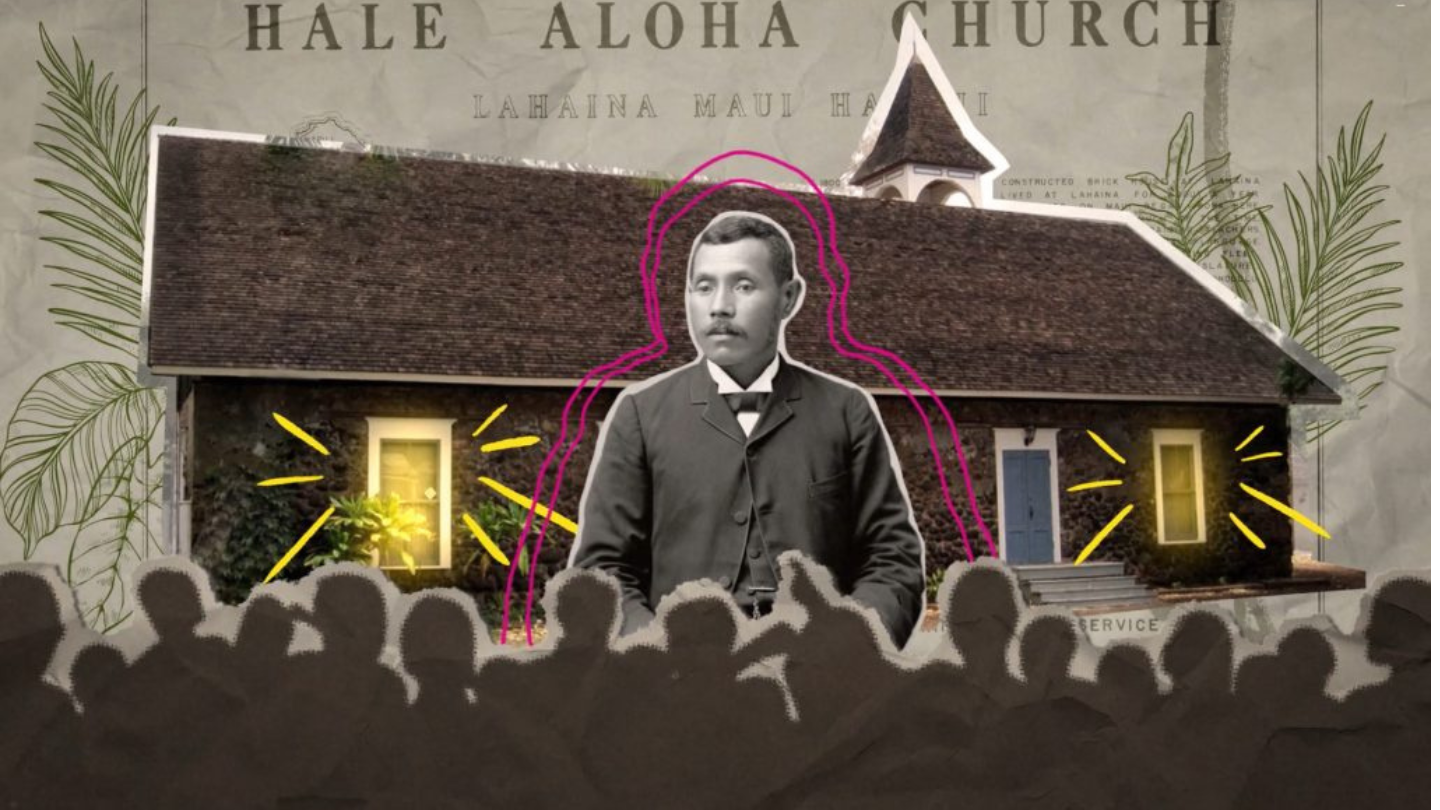 A still from the three-minute animated film “The Koa Bench” blends historic imagery with storybook-style illustration. It features the Hale Aloha Church in Lahaina, Maui.